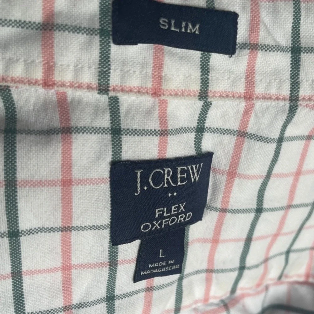 J. Crew‎ Slim Fit Flex Oxford Shirt White W Pink Green Windowpane Plaid L